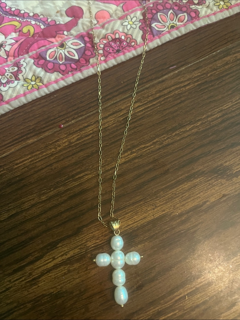 Gold Cross Pearl Pendant Necklace - White Pearl w honora pearls gently worn